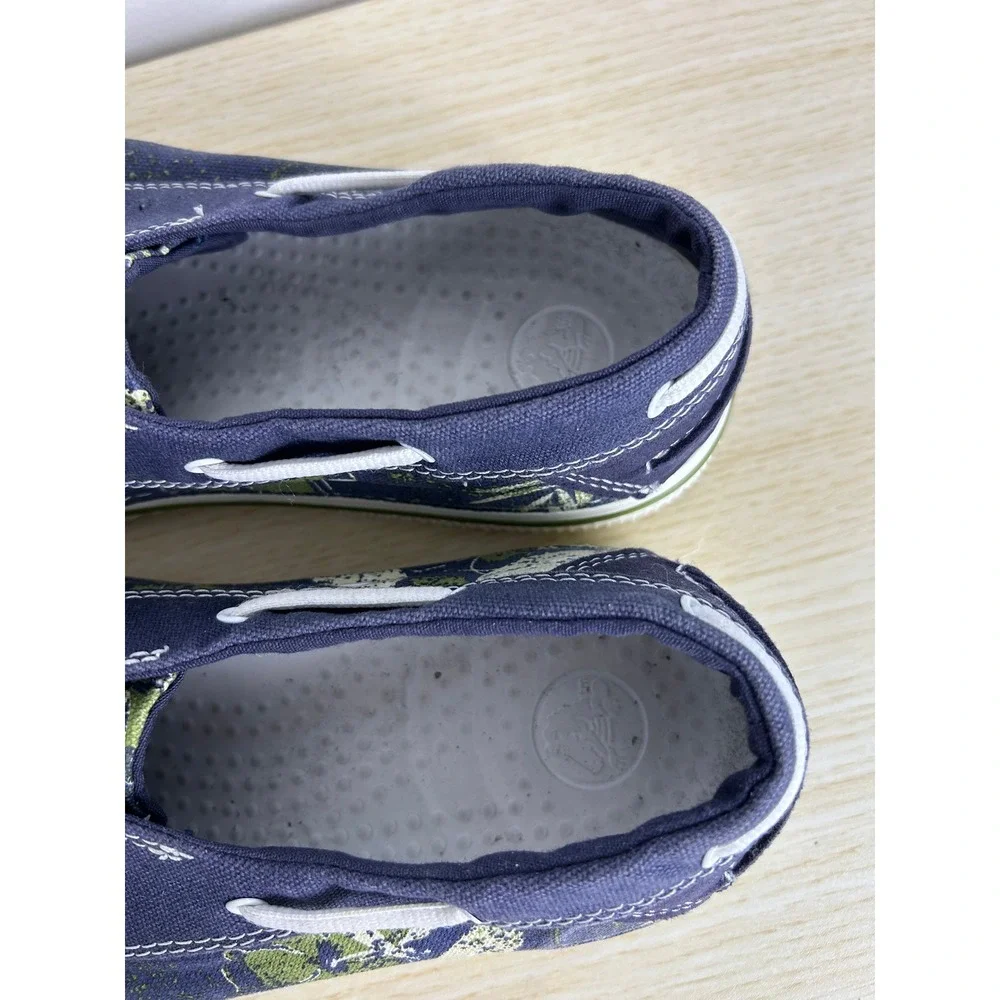 Crocs Boat Shoes Mens 12 Navy Blue Tropical Floral Canvas Hover Lace Up nautical